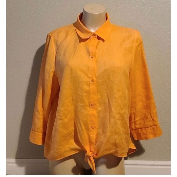 Chico's Womens Blouse Linen Button Down Quarter Sleeve Tie Knot Orange Size 0 sm - Picture 10 of 11